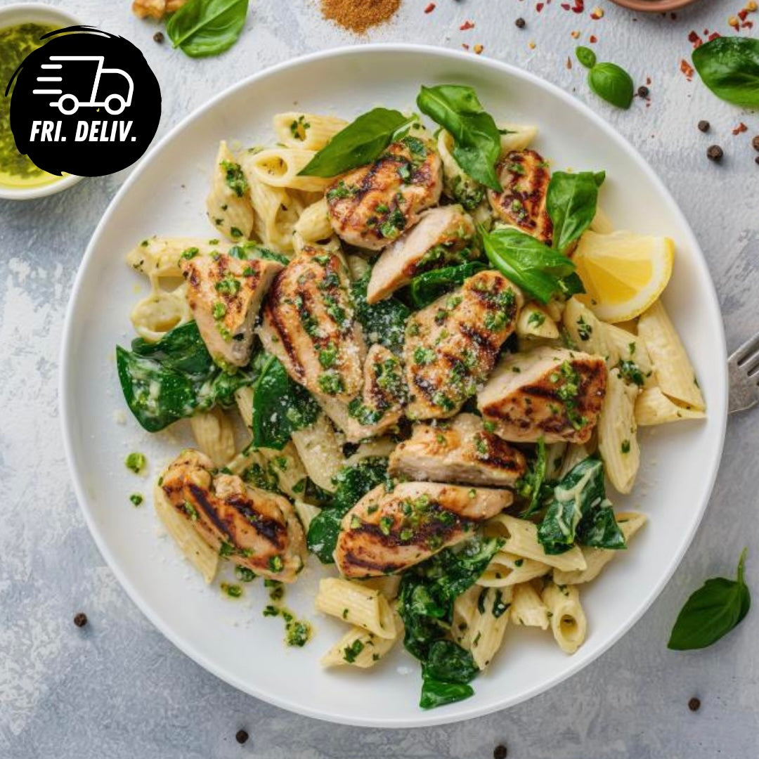 BASIL PESTO AND ZAATAR CHICKEN PASTA WITH SPINACH