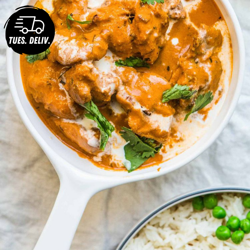 BUTTER CHICKEN WITH BASMATI GREEN BEANS AND CRUSHED CASHEWS
