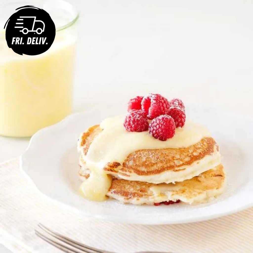 PROTEIN PANCAKES WITH RICOTTA RASPBERRIES AND LEMON CURD