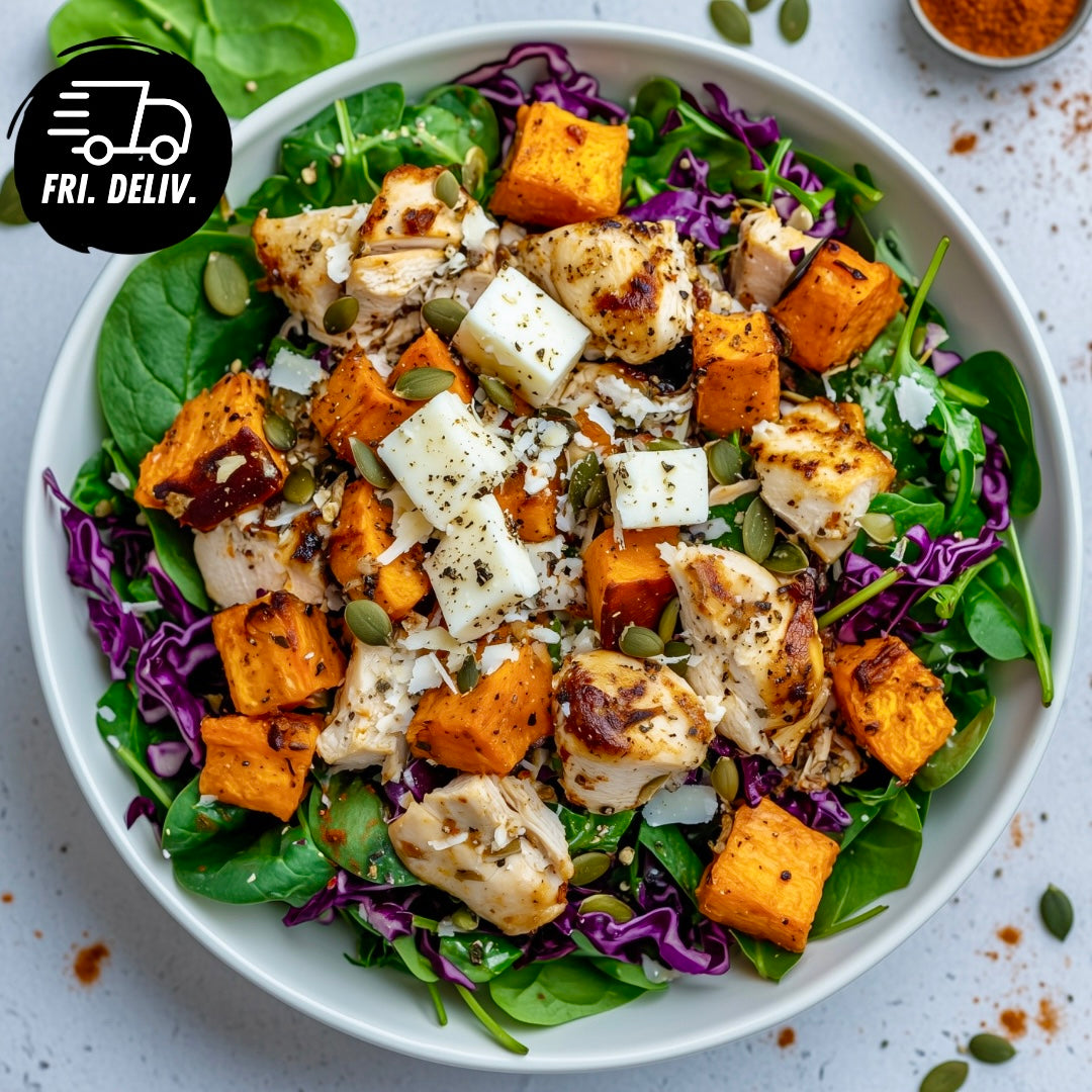 DUKKAH SPICED CHICKEN SALAD WITH ROASTED PUMPKIN AND HALLOUMI