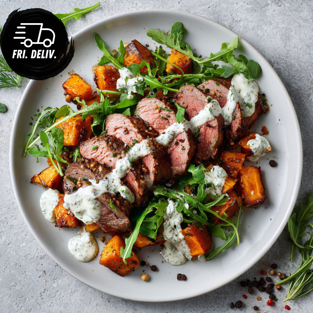 GRILLED LAMB BACKSTRAP WITH SWEET POTATO & HERB AIOLI