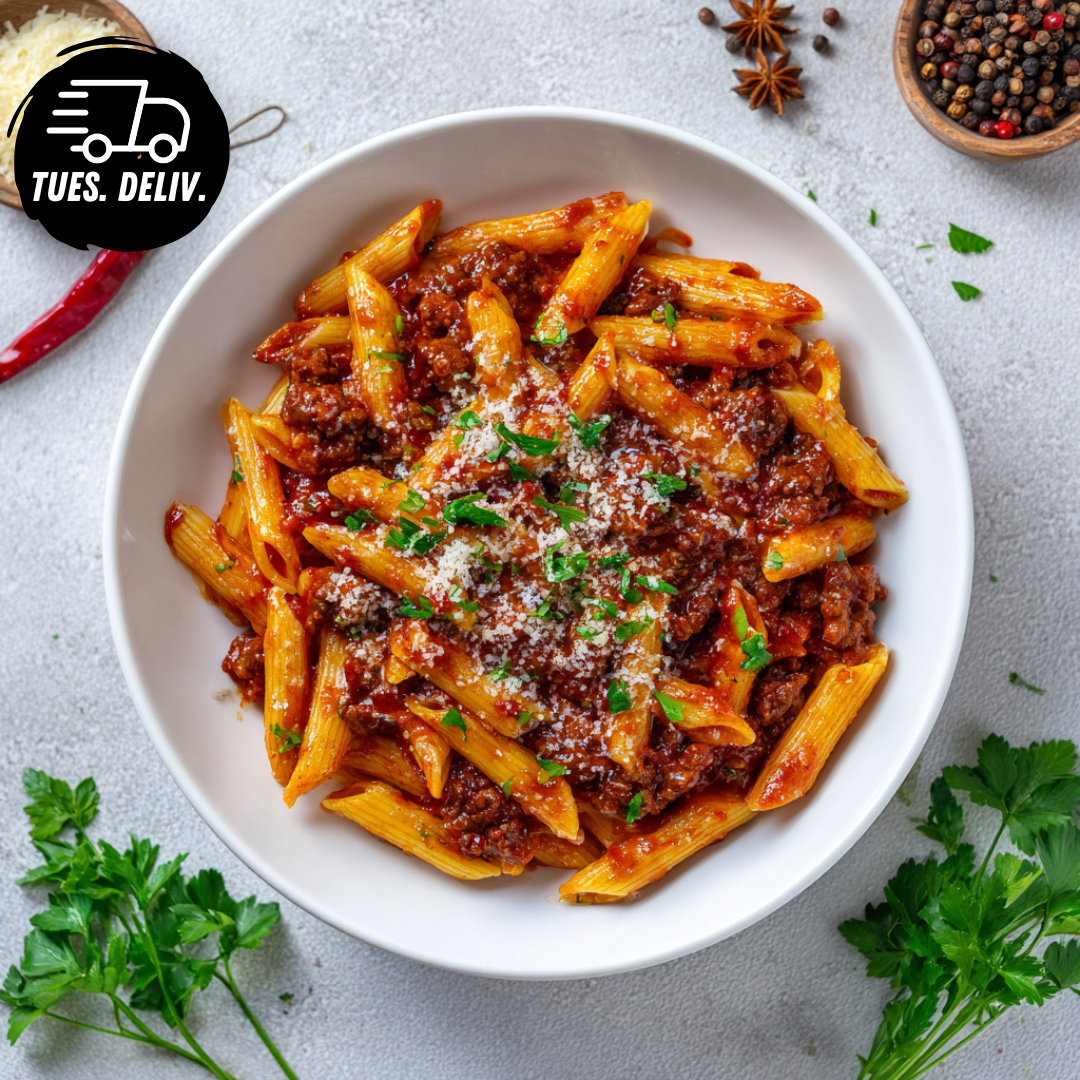 SPICY BEEF ARRABBIATA PENNE WITH PARMESAN