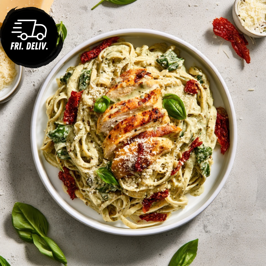 CREAMY PESTO CHICKEN AND SUNDRIED TOMATO FETTUCCINE