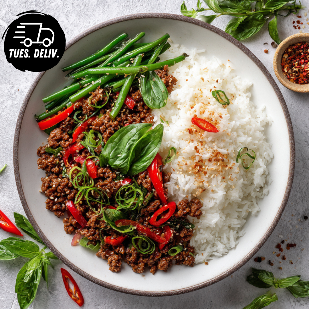 THAI CHILLI BASIL BEEF WITH COCONUT RICE