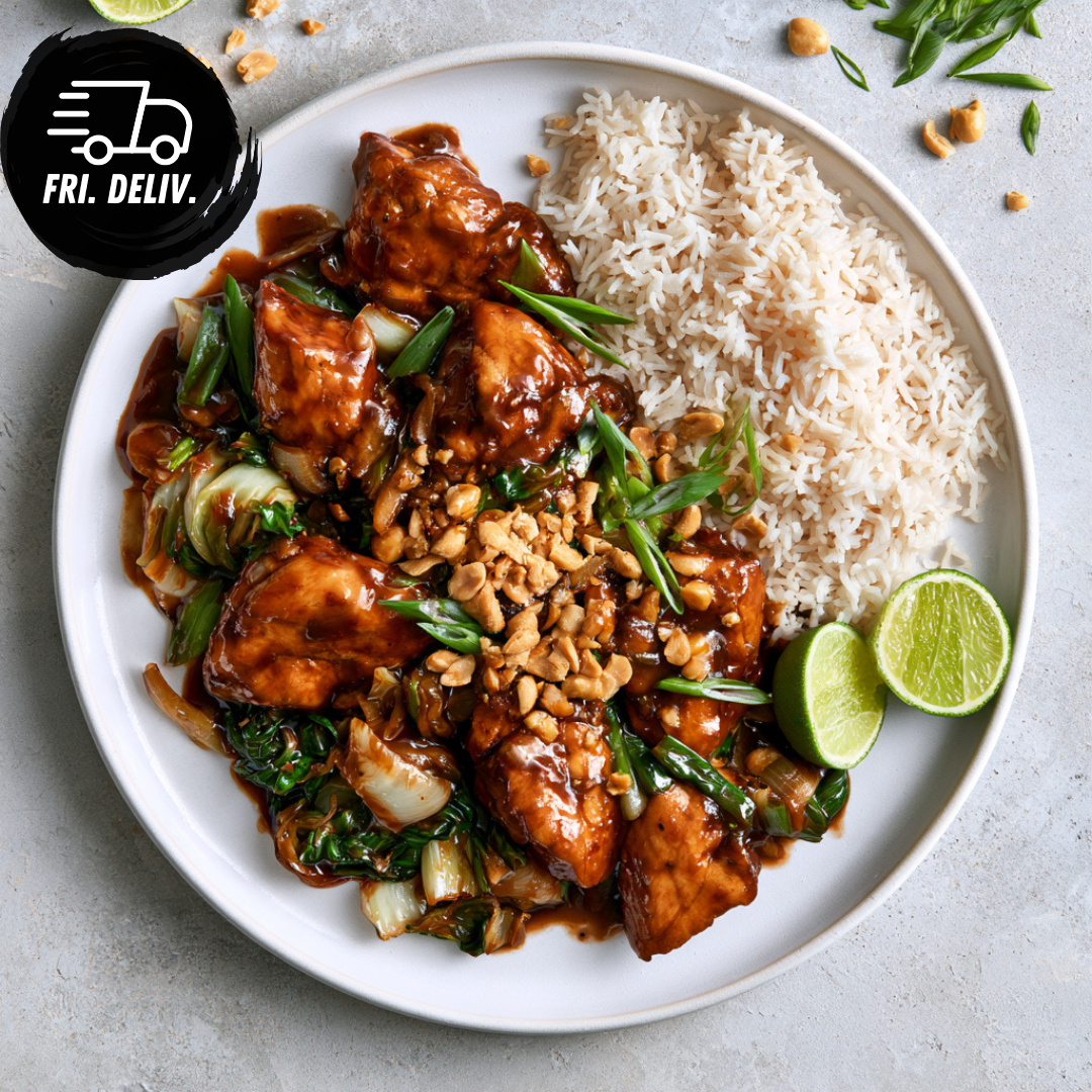 THAI PEANUT CHICKEN AND COCONUT RICE.