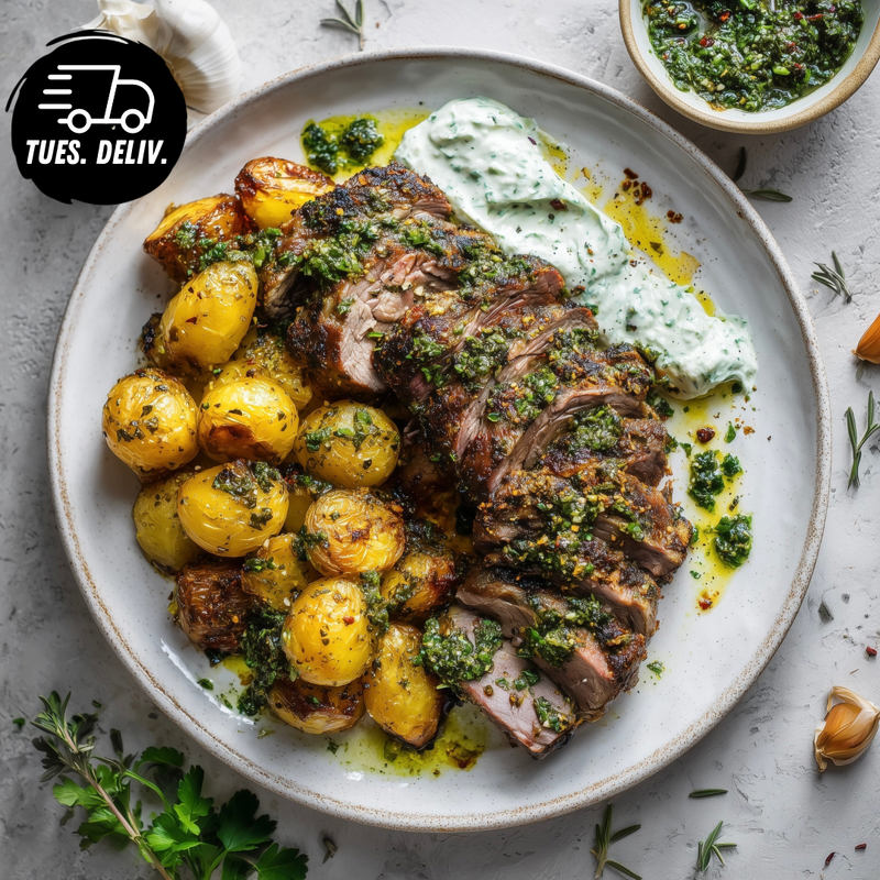 LAMB WITH CHIMICHURRI ROASTED POTATOES AND LEMON HERB AIOLI SAUCE