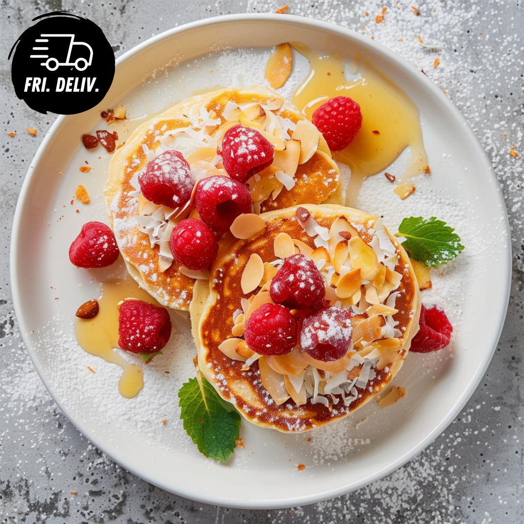 PROTEIN PANCAKES WITH RICOTTA RASPBERRIES AND LEMON CURD