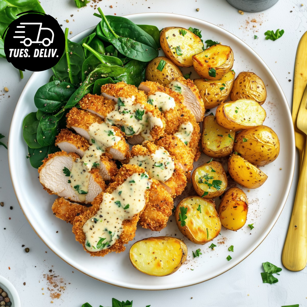CHICKEN SCHNITZEL WITH ROASTED TRUFFLE POTATOES AND AIOLI SAUCE
