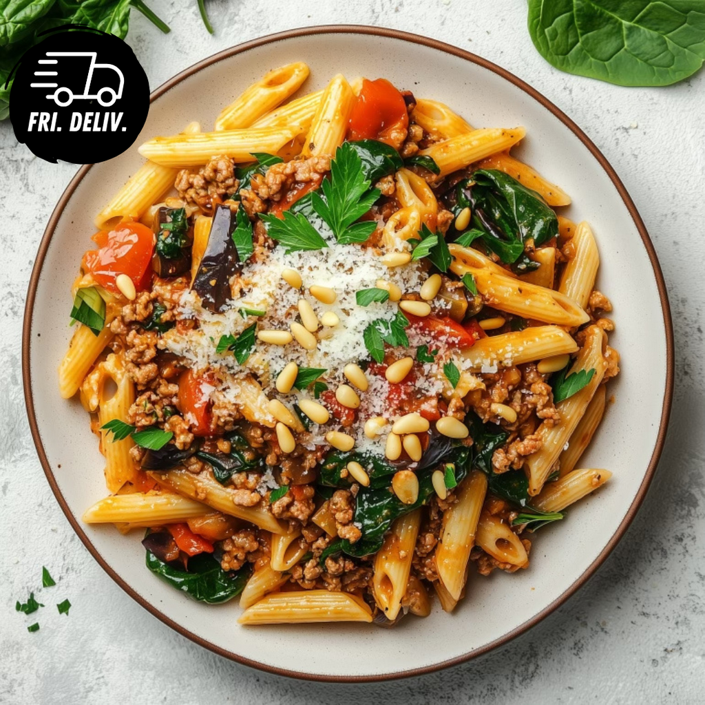 SMOKED EGGPLANT AND TOMATO PENNE PASTA WITH GROUND BEEF