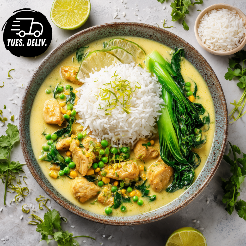 COCONUT AND LIME CHICKEN CURRY WITH VEGETABLE JASMINE RICE