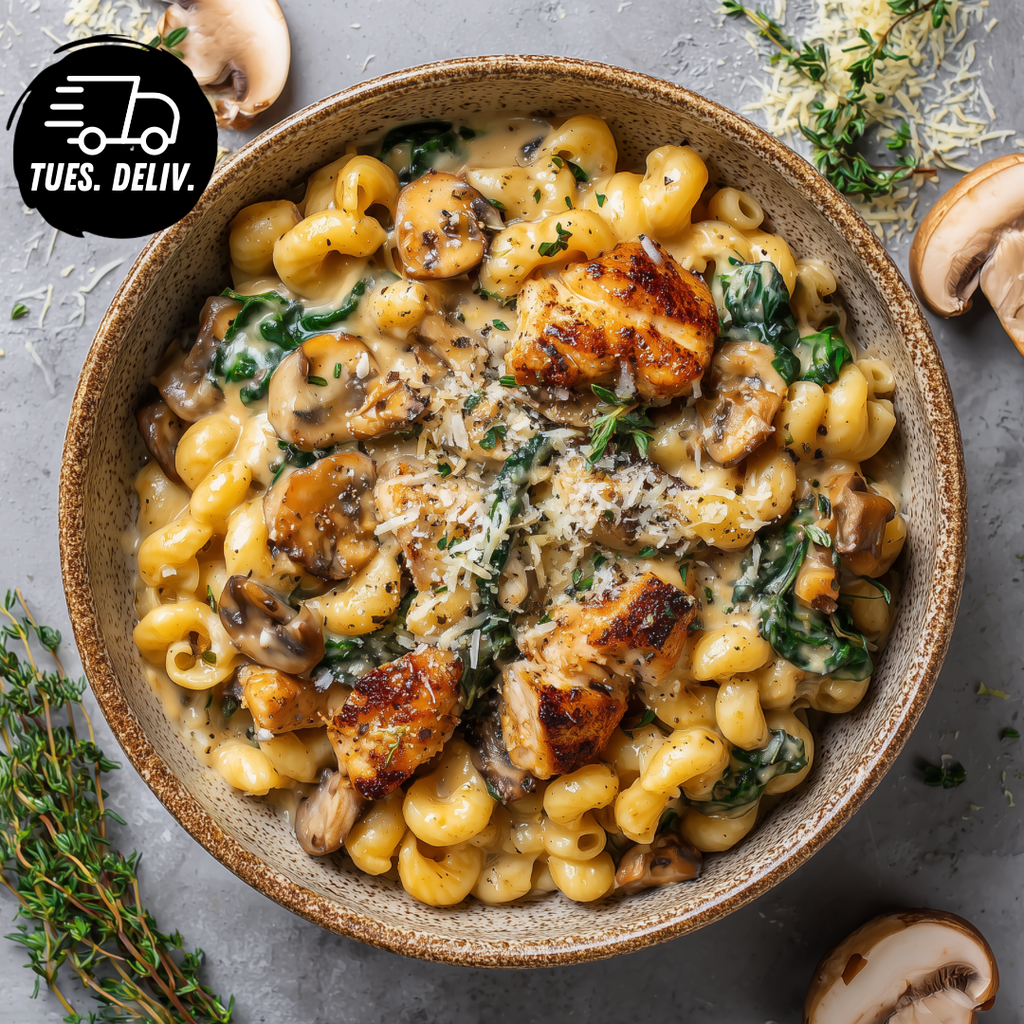 CHICKEN TRUFFLE MAC AND CHEESE WITH MUSHROOM AND SPINACH