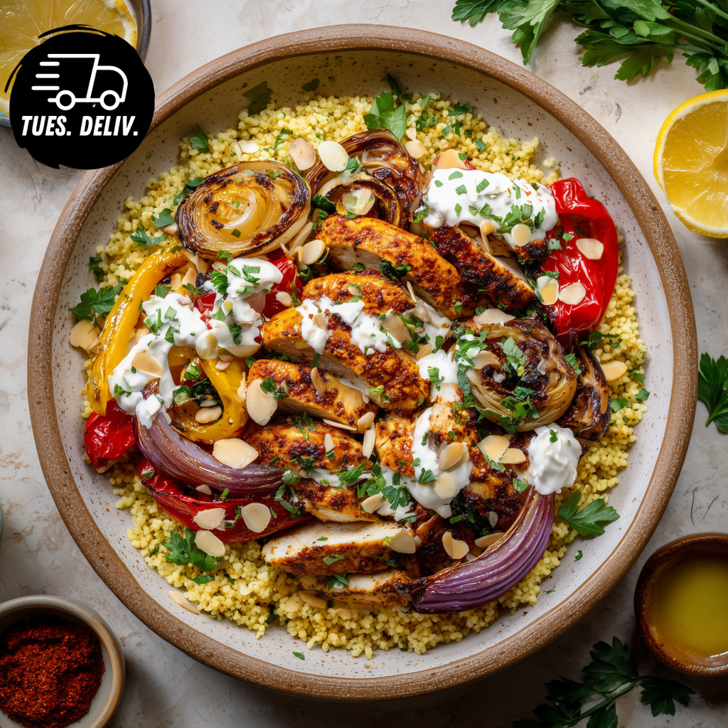 HARISSA CHICKEN WITH LEMON COUSCOUS, ROASTED VEGETABLES AND HARISSA YOGHURT