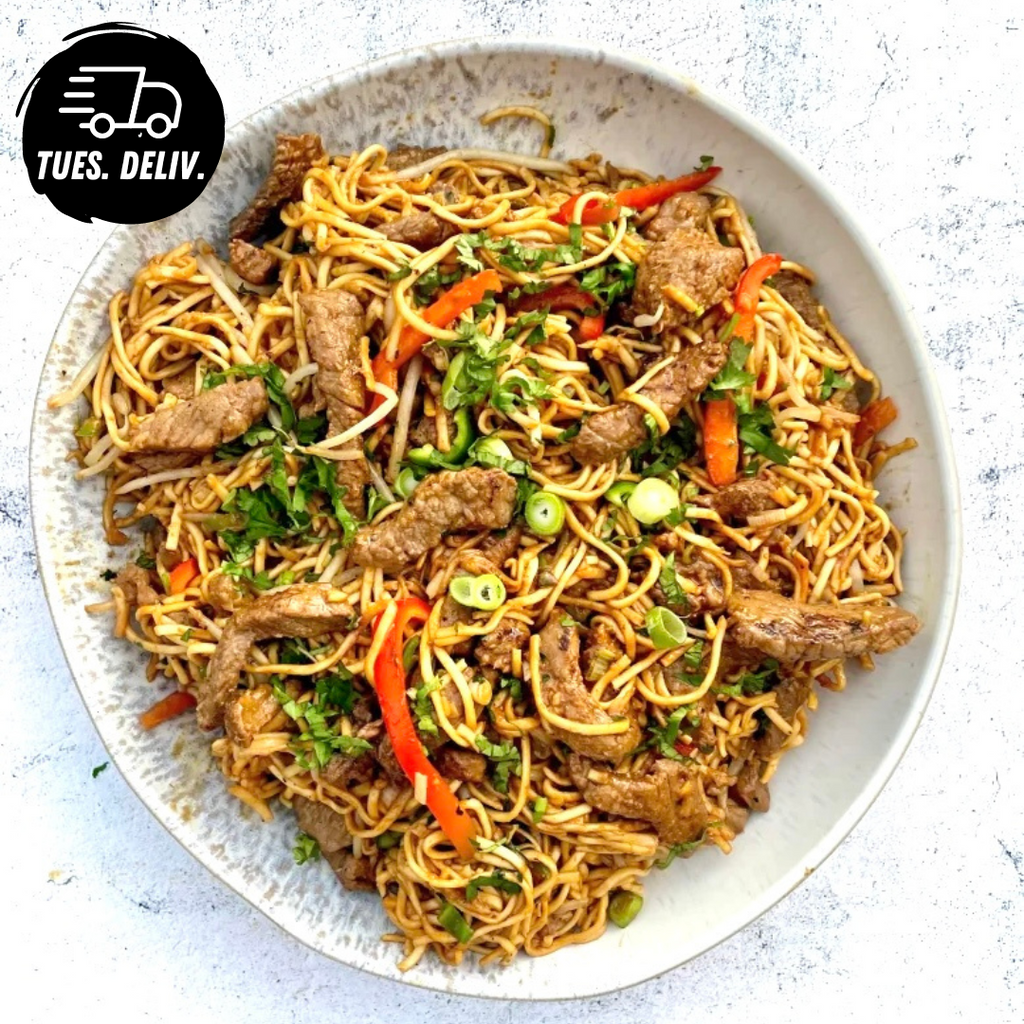 BEEF SOY NOODLE STIR-FRY WITH VEG.