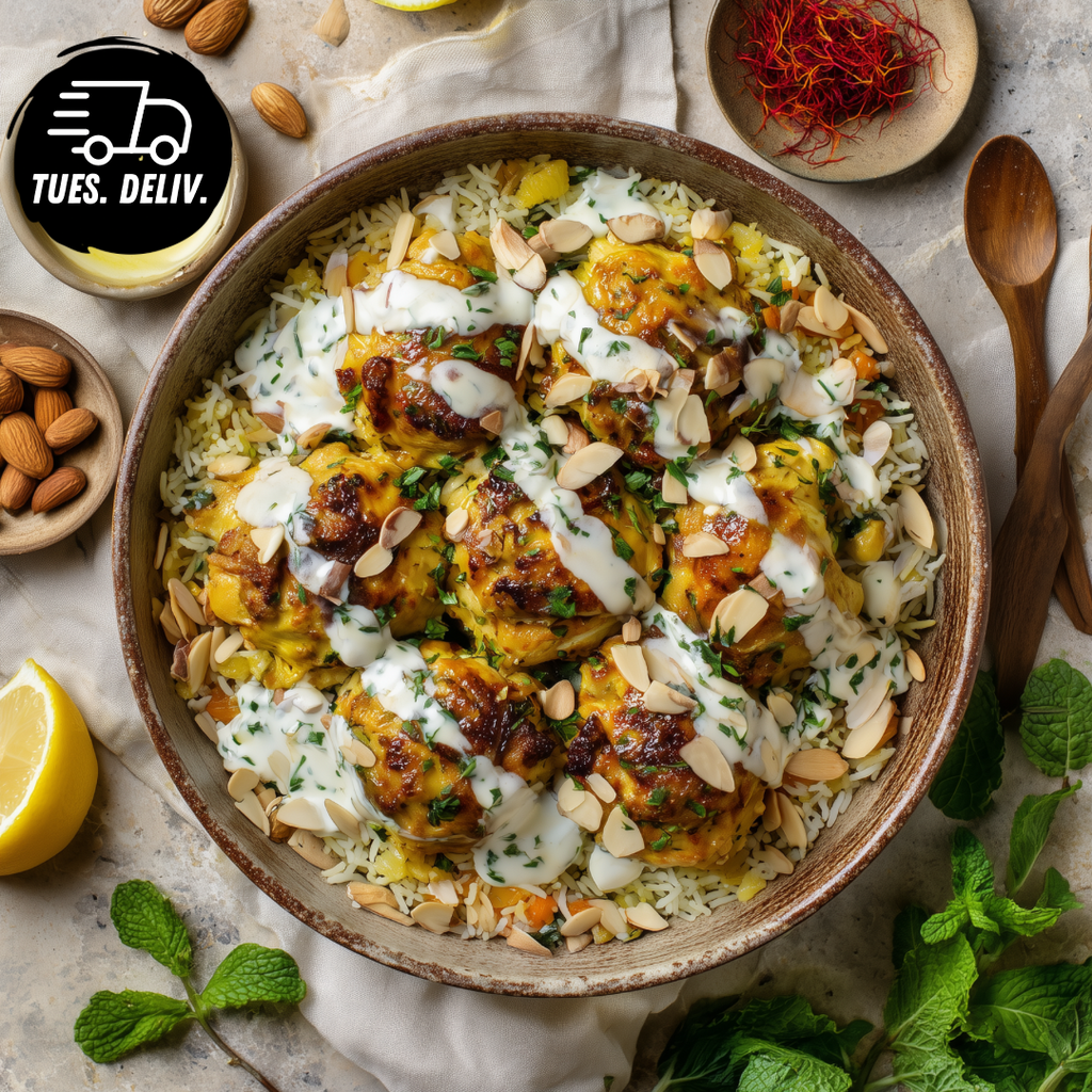 SAFFRON CHICKEN WITH ALMOND PILAF AND GARLIC MINT YOGHURT