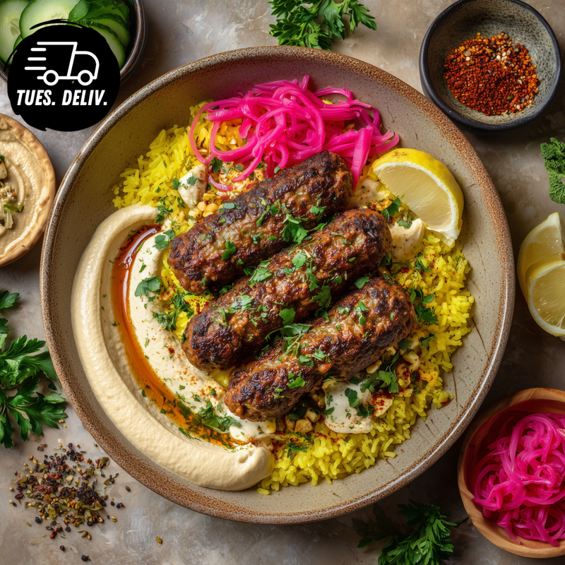 KOFTA RICE BOWL WITH HUMMUS AND TAHINI