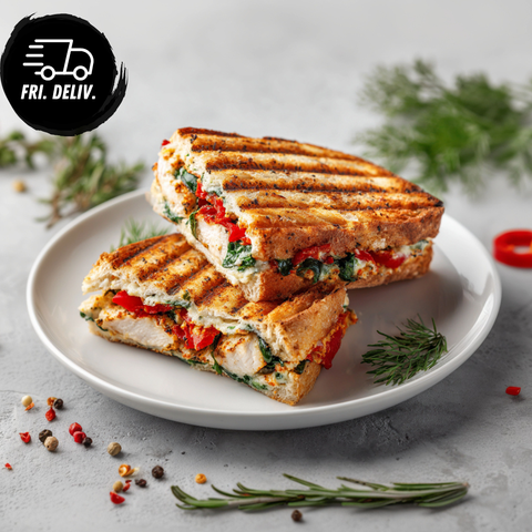 SMOKY ROASTED CAPSICUM CHICKEN PANINI.
