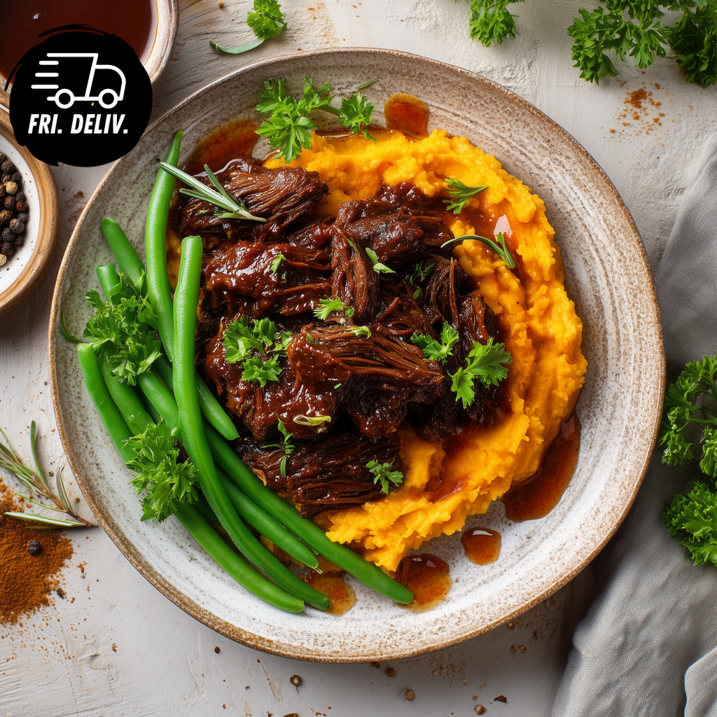 SLOW BRAISED BBQ BEEF WITH SMOKEY SWEET POTATO MASH AND GREEN BEANS
