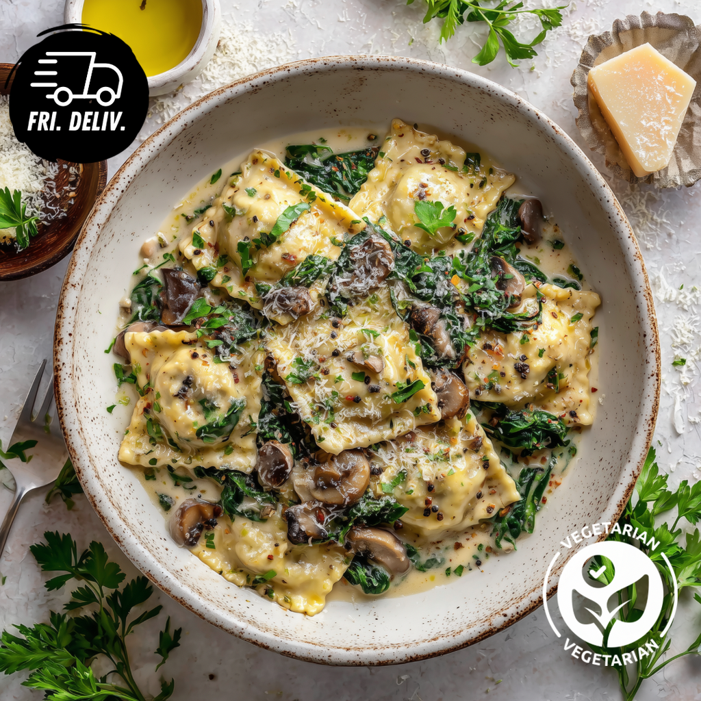 CREAMY TRUFFLE AND MUSHROOM RAVIOLI WITH GREENS