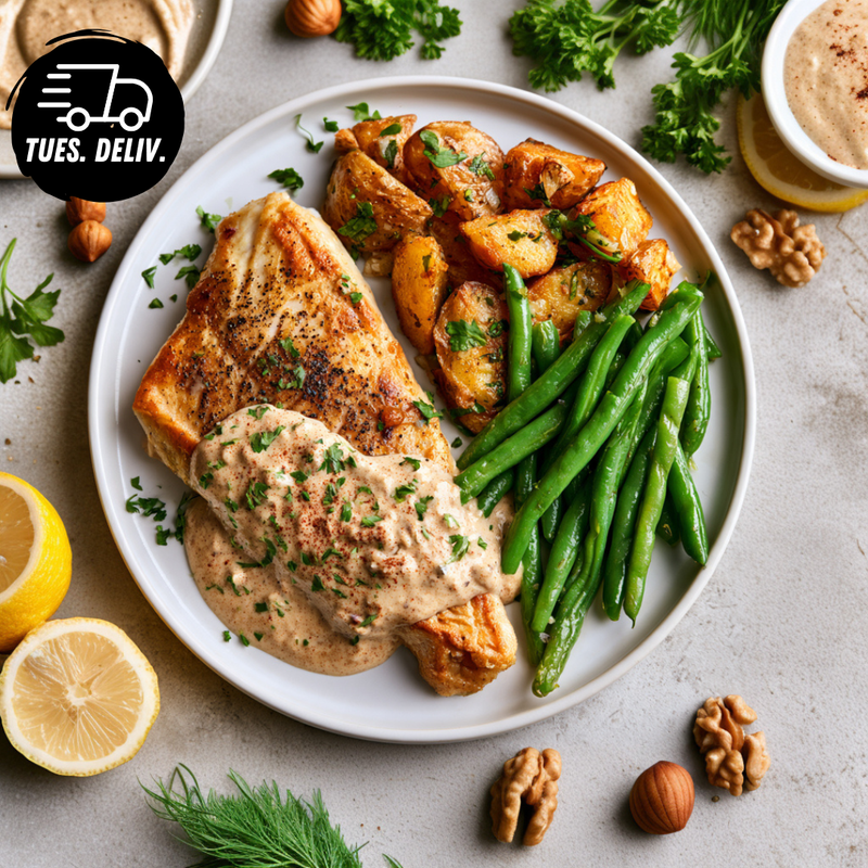 LEMON PEPPER BARRAMUNDI AND MEDITERRANEAN POTATOES WITH WALNUT TAHINI