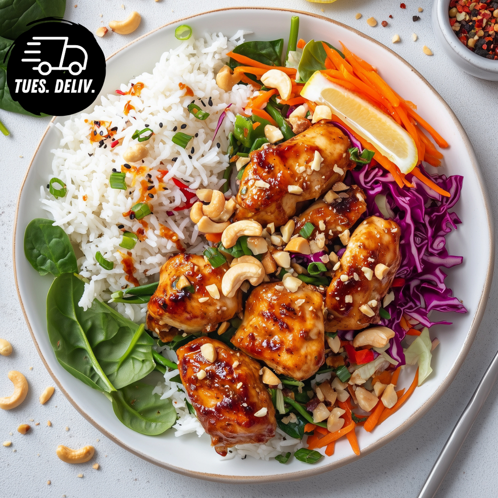 SWEET CHILLI CHICKEN WITH ASIAN SLAW AND JASMINE RICE