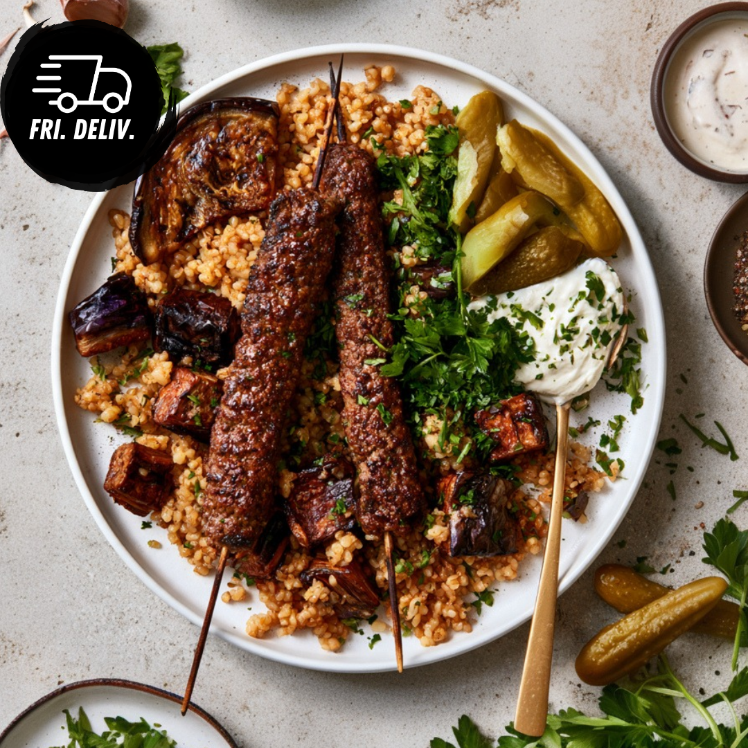 GRILLED BEEF KEFTA WITH TOUM AND HERB PILAF