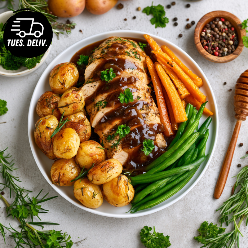 SMOTHERED CHICKEN WITH CARAMELISED ONION GRAVY & ROAST POTATOES