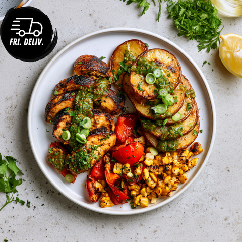 CHIMICHURRI CHICKEN AND GOLDEN POTATOES.