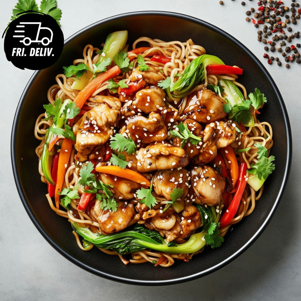 MONGOLIAN CHICKEN WITH UDON NOODLES AND VEG