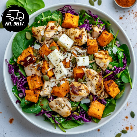 DUKKAH SPICED CHICKEN SALAD WITH ROASTED PUMPKIN AND HALLOUMI