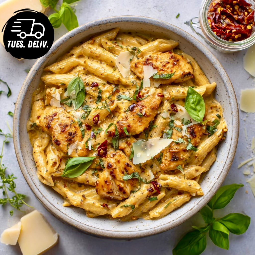 CREAMY SUN DRIED TOMATO PESTO PASTA WITH CHICKEN