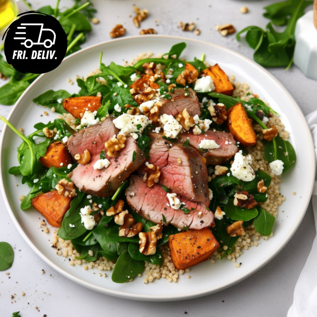 LAMB AND PEARL COUS COUS SALAD WITH SWEET POTATO