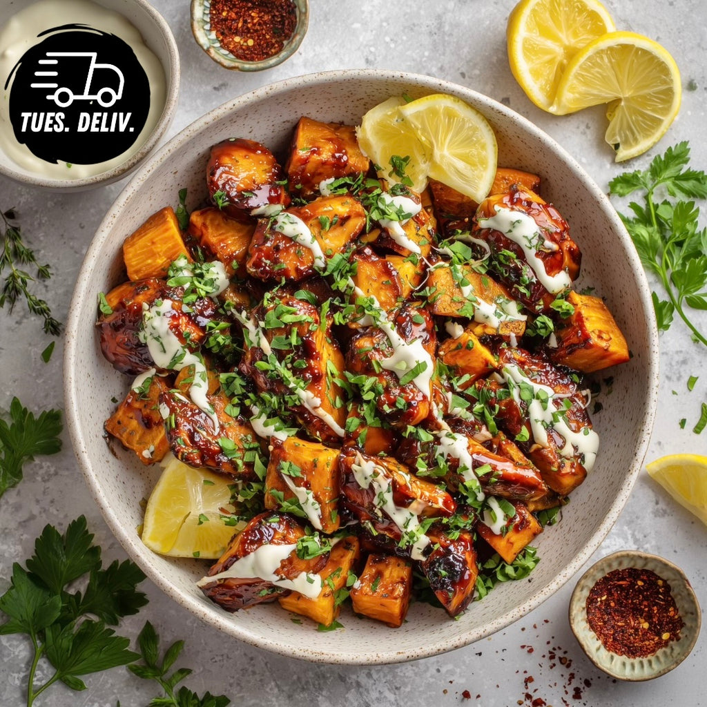 HONEY HARISSA CHICKEN WITH ROASTED SWEET POTATO AND GARLIC YOGHURT SAUCE