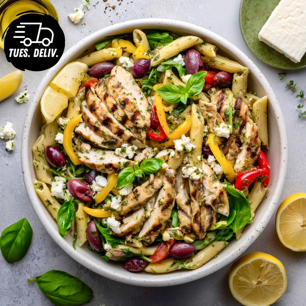 MEDITERRANEAN PESTO CHICKEN AND VEGETABLE PENNE PASTA