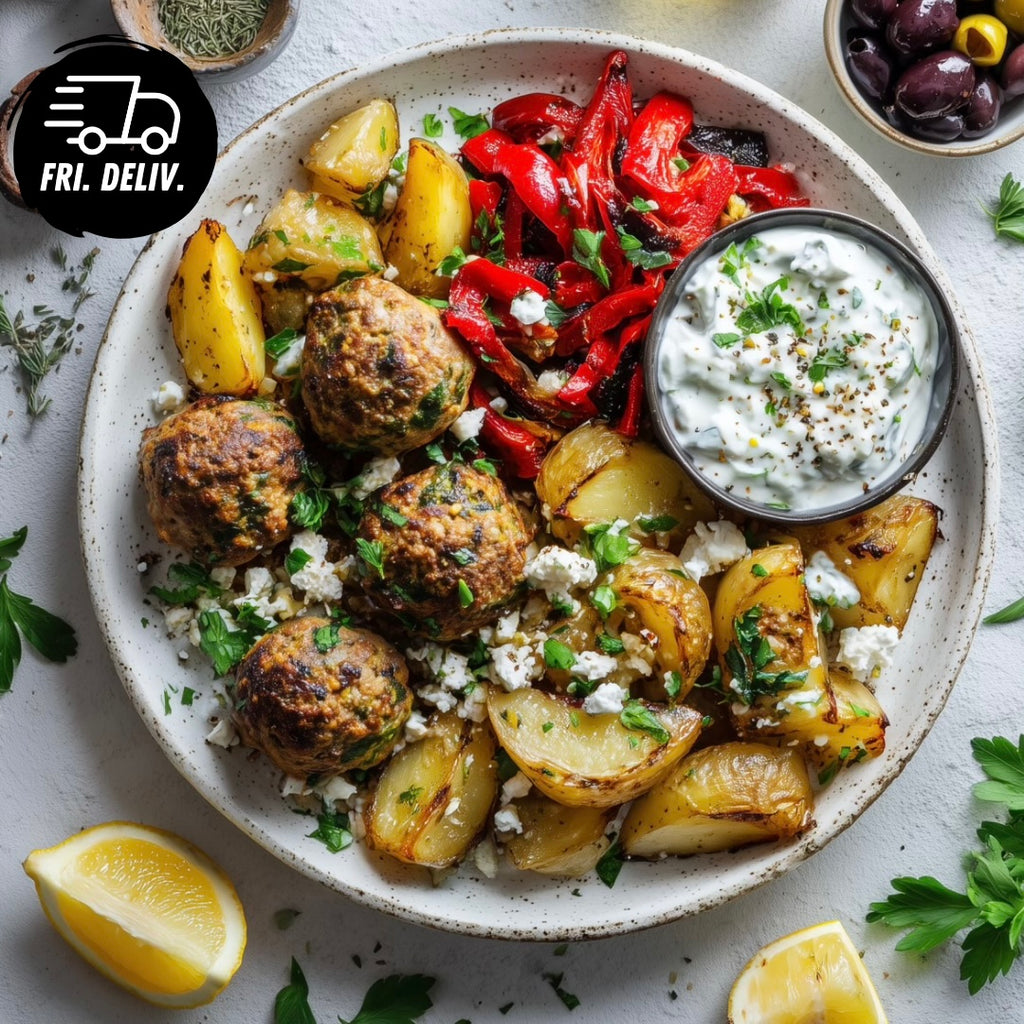 GREEK MEATBALLS WITH LEMON DILL POTATOES TZATZIKI AND VEG.