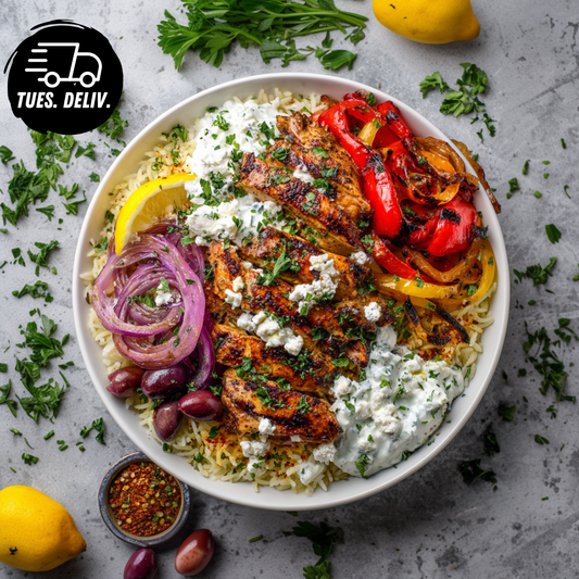LOADED CHICKEN SOUVLAKI LEMON RICE BOWL