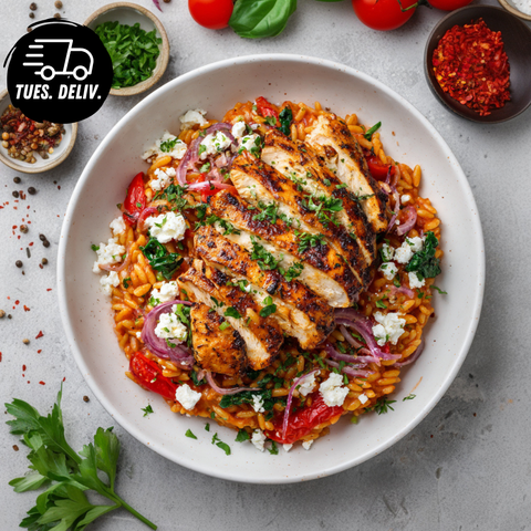 GREEK CHICKEN RISONI BAKE.