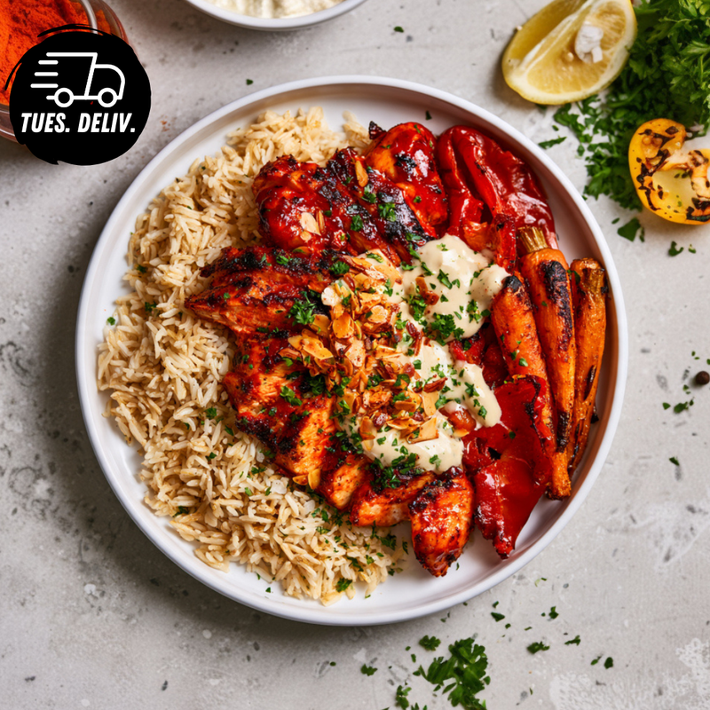 HONEY HARISSA CHICKEN WITH GOLDEN RICE AND TAHINI YOGHURT