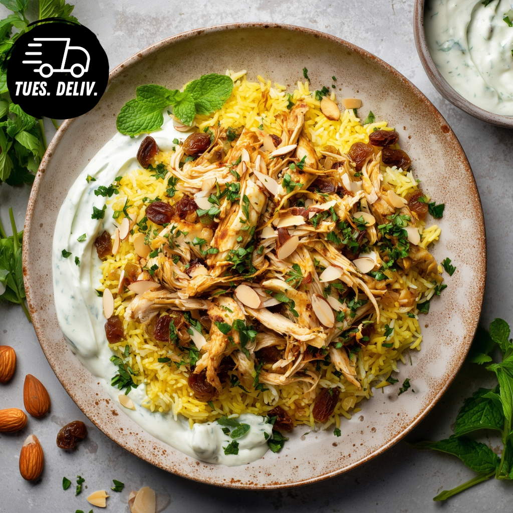 MEDITERRANEAN SHREDDED CHICKEN AND RICE WITH MINT YOGHURT.