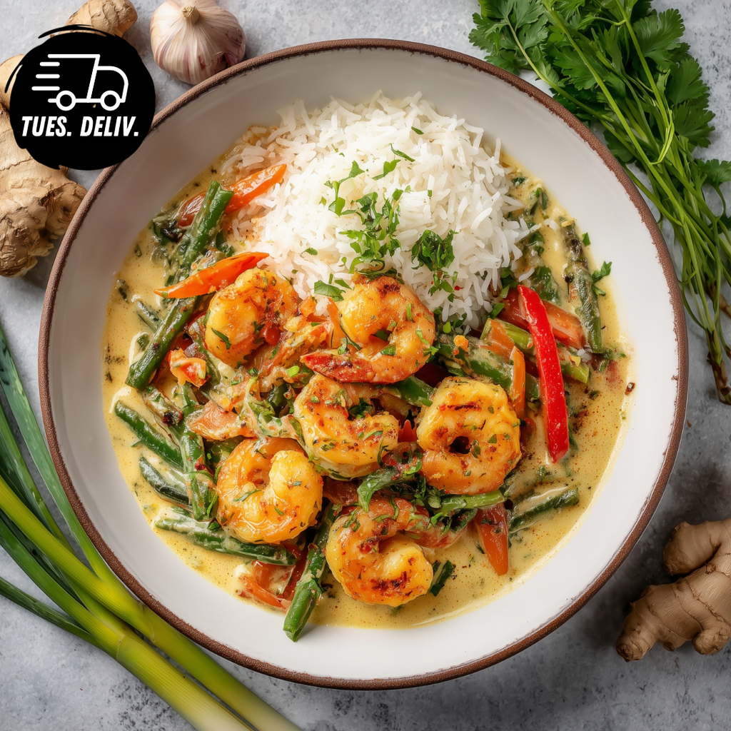 COCONUT AND LEMONGRASS PRAWN CURRY WITH VEGGIE RICE.