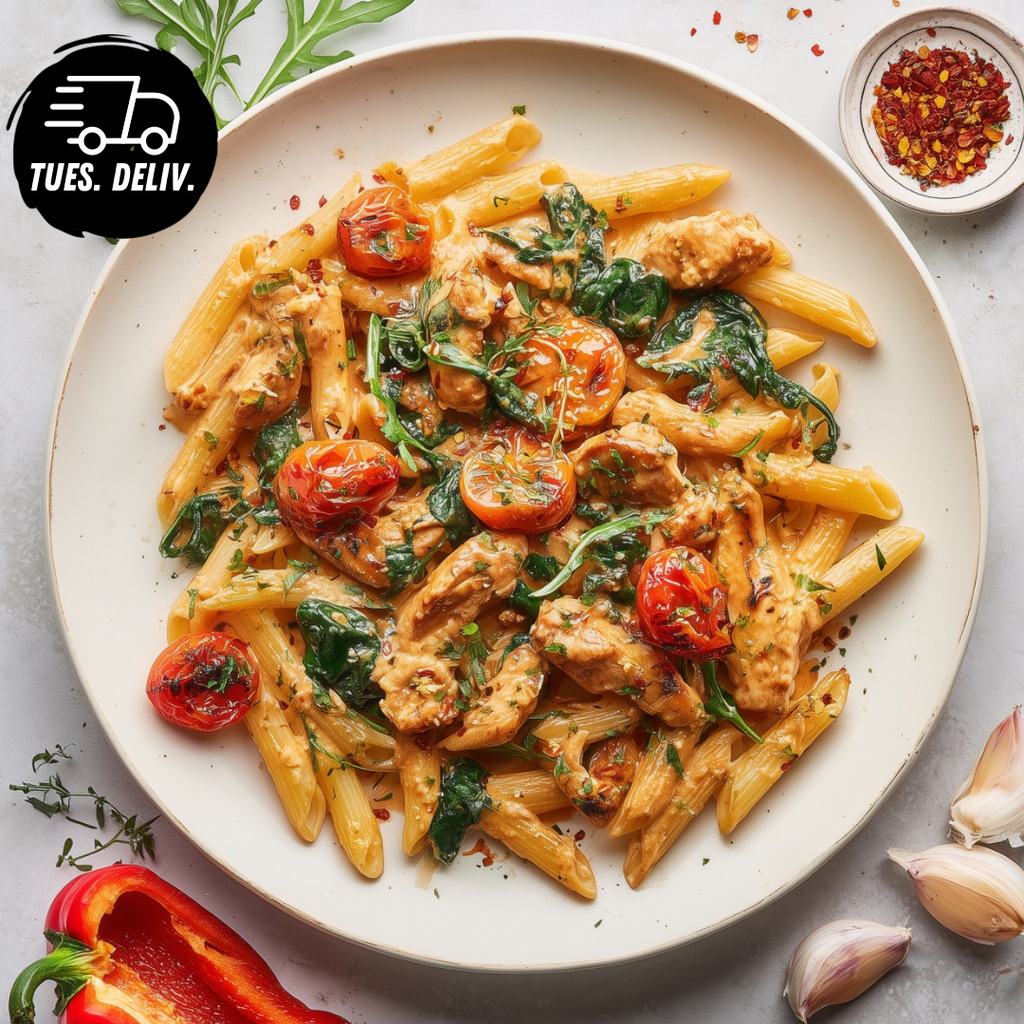 CREAMY CAPSICUM AND GARLIC PENNE PASTA WITH CHICKEN.