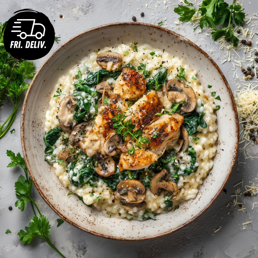 HERB AND MUSHROOM RISOTTO WITH CHICKEN AND SPINACH