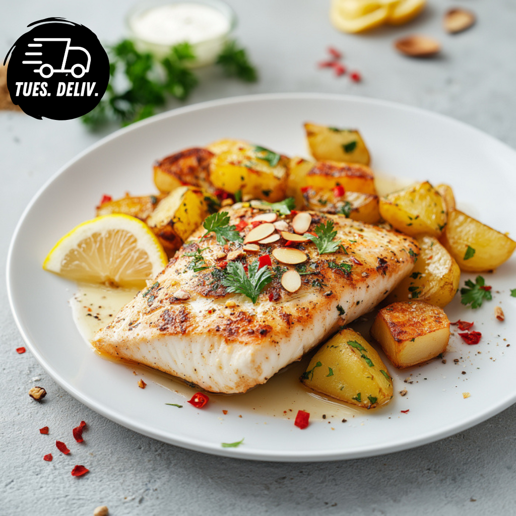 MEDITERRANEAN BARRAMUNDI WITH ROASTED HERB POTATOES AND GARLIC TAHINI SAUCE
