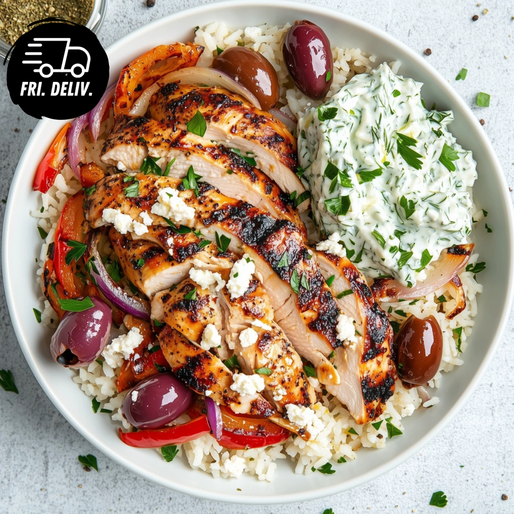 GREEK CHICKEN BOWL WITH LEMON DILL RICE ROASTED VEG AND TZTATZIKI.