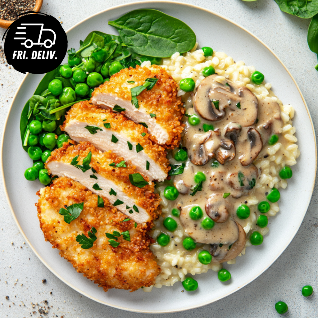 CRUMBED CHICKEN WITH MUSHROOM RICE AND VEG