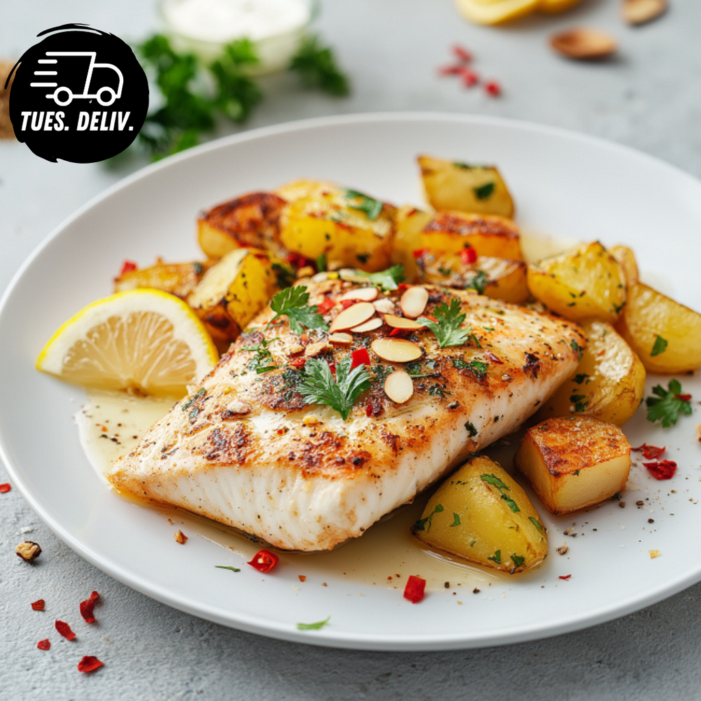 MEDITERRANEAN BARRAMUNDI WITH ROAST POTATOES AND TAHINI SAUCE