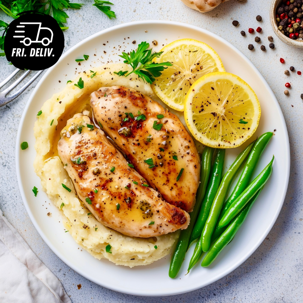 GARLIC LEMON CHICKEN WITH ROSEMARY MASH POTATO AND GREENS