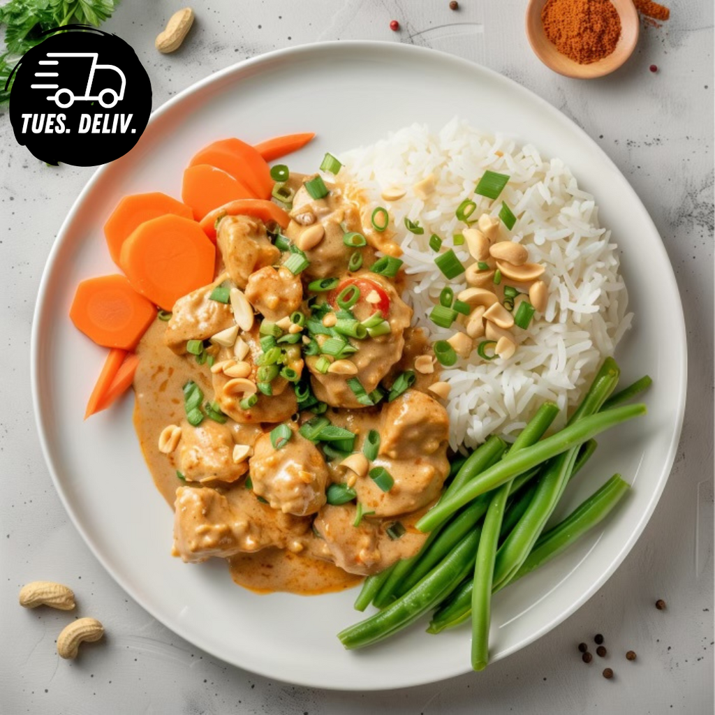 PEANUT SATAY CHICKEN WITH GREEN BEANS AND BASMATI RICE