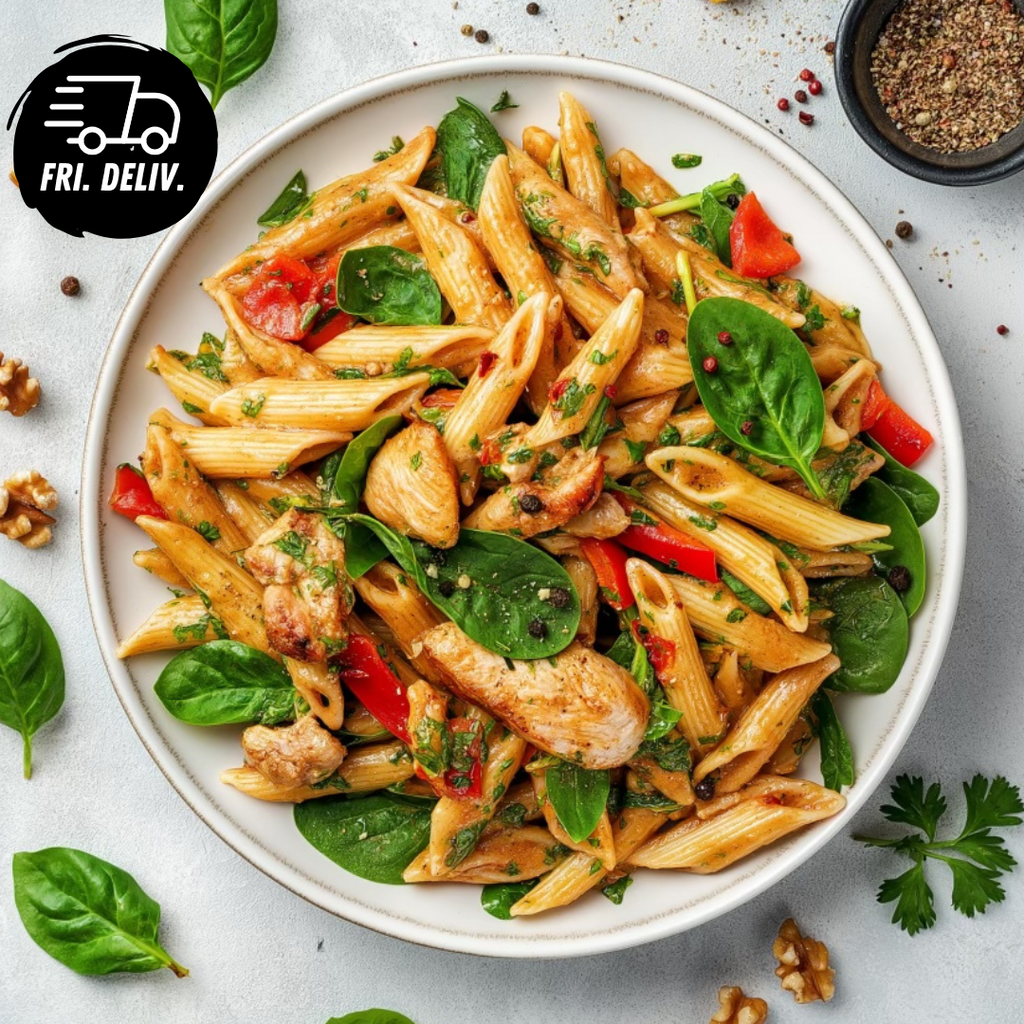 GARLIC AND PAPRIKA CHICKEN PENNE PASTA WITH SPINACH