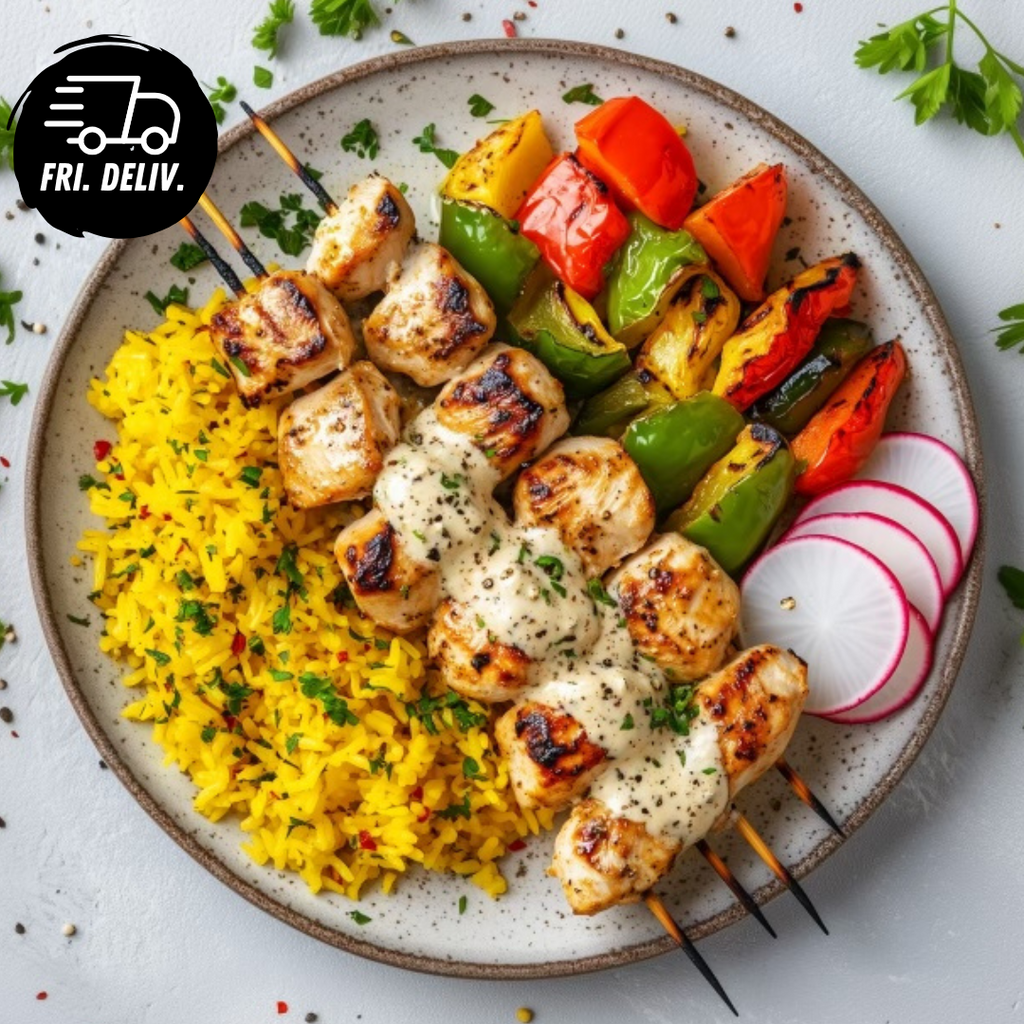 TAWOOK CHICKEN AND RICE WITH CAPSICUM AND GARLIC SAUCE