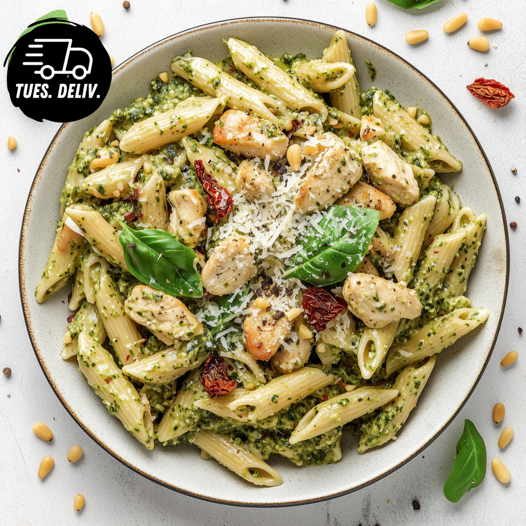 SUN DRIED PESTO AND BASIL PESTO PASTA WITH CHICKEN